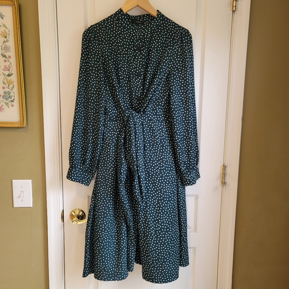 Lumie tie-front button down green  polka dot dress